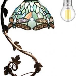 WERFACTORY Tiffany Lamp Sea Blue Stained Glass Dragonfly Style Desk Reading Light, Metal Leaf Table Lamp Base 8X10X21 Inches Decor Small Space Bedside Bedroom Home Office S147 Series