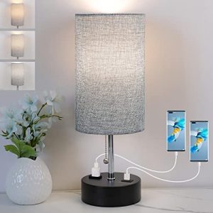 3-Color Temperature Bedside Lamp, Nightstand Lamp with USB Port and AC Outlet, Table Lamp for Bedroom with LED Bulb Small Lamps for Living Room (Gray)