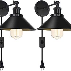 Plug in Wall Sconce, Metal Wall Sconce Plug in, Industrial Vintage Wall Lamp Fixture, Plug in Wall Light with On Off Switch E26 Base for Restaurants Headboard Bedroom 2 Pack(Black)