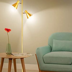 Gold Floor Lamp with 2 Adjustable Rotating Lights, Modern Birght Industrial Floor Lamp for Living Room, 2x7W LED Bulbs Included Standing Tall Pole Liamps for Bedroom/Sofa Conner- Antique Brass