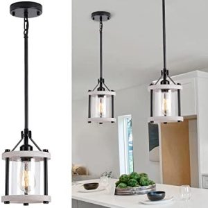 XSDeTu Farmhouse Pendant Light in Wood and Metal Cage, Rustic White Wood Pendant Light with Glass, Adjustable Glass Hanging Light Fixtures, Mini Pendant Lighting for Kitchen Island, Foyer, Hallway