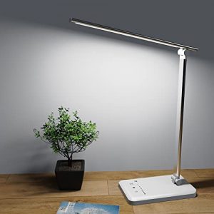 sylvwin LED Desk Lamp,Dimmable Desk Light with USB Charging Port for Home Office, 5-Level Brightness & 5 Lighting Modes, Modern Eye-Caring Table Lamps, Touch Control, 45min Auto Timer – White