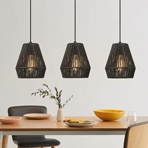 ELYONA Modern Woven Pendant Light Fixtures, 7″ Farmhouse Coastal Hanging Lamp, Matte Black Handwoven Rattan Basket Shade, Boho Pendant Light for Kitchen Island Bar,Dining Room, Bedroom,Hallway 3 Pack