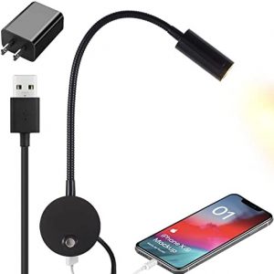 Dimmable Wall Mounted Reading Light with USB Charging Port, LED Bedside Wall Lamp with Flexible Gooseneck, Black Finished, Adapter Included(3W Warm White)