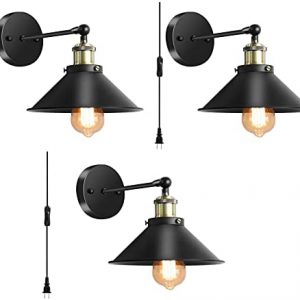 Wall Sconces Lighting , Vintage Industrial Wall Lamp with Plug in Cord On/Off Switch, Swing Arm Wall Mounted Bedside Lamps for Bathroom Bedroom Porch Kitchen Living Room (3 Pack, Matte Black)