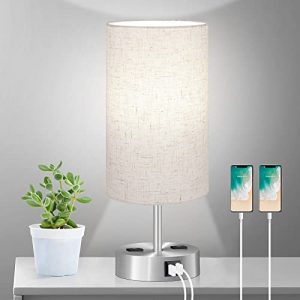 Touch Control Table Lamp, 3-Way Dimmable Bedside Nightstand Lamp with 2 USB Ports & 2 AC Outlets, Modern Tabletop Lamp with 60W Equiv 5000K Daylight LED Bulb, Desk Lamp for Bedroom Living Room Oatmeal