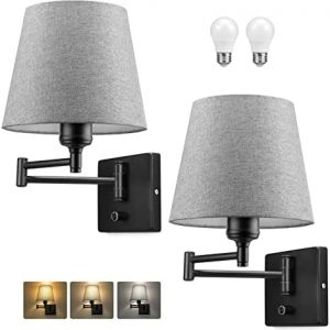 Wall Sconces Sets of 2, Retro Industrial Wall Lamps 270 Degree Adjustable Swing Arm Wall Lights with On/Off Rotary Switch Modern Wall Sconces Lighting with Fabric Shade for Bedroom Hallway (Grey)