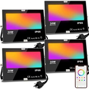 LED Flood Light Outdoor, 300W Equivalent 3000LM Smart RGB Landscape Lighting with APP Control, DIY Scenes – Timing – Warm White 2700K – Color Changing Uplight, IP66 Waterproof US Plug MELPO(4 Pack)
