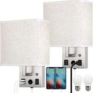 Bedside Wall Lamp Set of 2, Plug in Wall Light with USB Charging Ports and AC Outlet Socket, Brushed Nickel Modern Wall Sconces with Plug in Cord for Bedroom Living Room, E26 LED Bulb Included