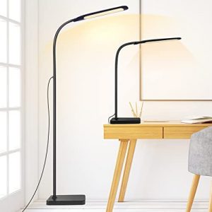 LED Floor Lamp, Joymon Adjustable Gooseneck Standing Lamp with 3 Color Temperature 3000K-6000K and 10-100% Stepless Dimmer, 2 in 1 Modern Desk Reading Lamp for Living Room, Bedroom and Office, Black