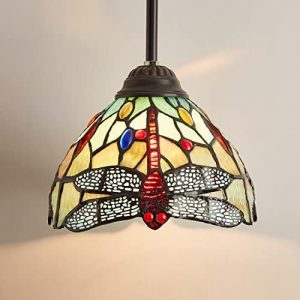 8 Inch Tiffany Pendant Light, Antique Handicrafts Stained Glass Dragonfly Hanging Lights Fxiture, Traditional Victorian Style Flush-Mount Swag Lighting for Kitchen/Dining Room/Hallway/Bedroom