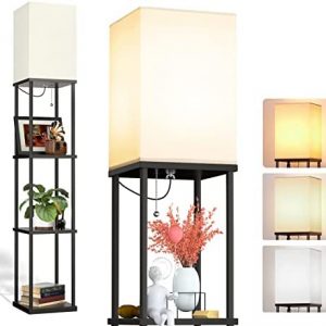 addlon LED Modern Shelf Floor Lamp with 3CCT LED Bulb and White Lamp Shade – Display Floor Lamps with Shelves for Living Room, Bedroom and Office – Black