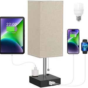 Bedside Lamp with 3 Color Modes – Table Lamp for Bedroom with USB C+A Charging Ports, 2700K-5000K Nightstand Lamp with USB Port and Outlet, Small Table Lamp for Guest Room Black Base(Deepbeige)