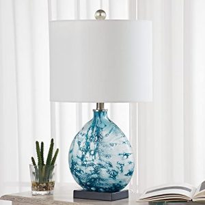 Maxax Coastal Glass Table Lamp, 3-Way Dimmable Blue Art Glass Bedside Lamp with White Drum Shade for Living Room Bedroom Nightstand