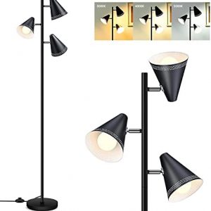 Farmhouse Floor Lamp,Standing Tall Pole Lamp,3pcs 9W LED Tree Floor Lamp,3-Color Temperature,Adjustable Metal Lampshades,Footswitch,Industrial Floor Lamp for Living Room,Bedroom,Home,Black