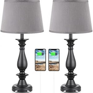 USB Table Lamp Set of 2 – Seealle Grey Modern Bedside Lamp, USB Bedside Table Lamps for Living Room with USB Charging Ports, 27.8” Desk Lamp Nightstand Lamp Table Lamps for Bedroom End Table
