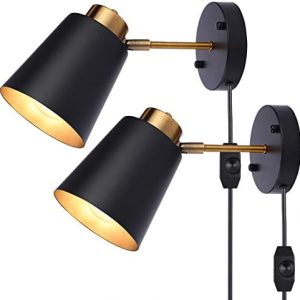 Industrial Plug in Wall Lamps, 2-Pack Bronze Swing Arm Wall Sconce with Dimmable On Off Switch, 2-in-1 Hardwired Plug in Wall Mounted Lighting Reading Light Fixture for Bedside Bedroom Indoor