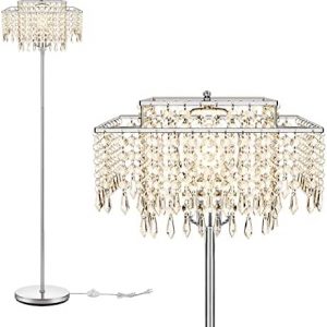 Double-Layer Lampshade Crystal Floor Lamp for Bedroom Modern Floor Lamp for Living Room,Elegant Standing Lamp,61.57″ Tall Pole Lamp,Suitable for Bedroom,Living Room,Office,6W LED Bulb Included,Silver