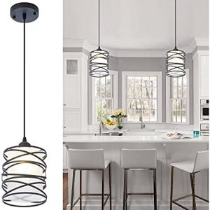 Modern Mini Pendant Light Fixture Kitchen Island Pendant Lighting 6.30”Matte Black Spiral Cage and Handblown Frosted Haze Glass Shade Hanging Lamp Adjustable Cord for Christmas Gift,Dining Room
