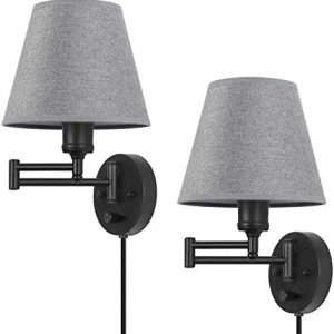 Plug in Wall Light Set of 2, Dimmable Wall Sconce, Swing Arm Wall Fixture with Gray Linen Lampshade, Modern Bedroom Wall Lights Fixtures,Bedside Reading Lamp