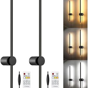 Plug in Wall Sconces Set of Two with Remote, 3 Color Temperature & Stepless Dimming, 180° Rotate, LED Black Wall Light Fixtures with Timer, Plug in Wall Light, Wall Lamp with Plug in Cord, 23.6 Inches