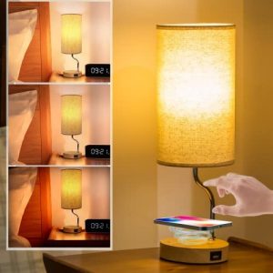 ????? Control Table Lamp, Smart Wireless Charger, USB Port, 3-Way Dimmable Wooden Nightstand Lamp, Small Bedside Lamps for Boys Girls Kids Bedroom Living Room Beige Fabric Shade