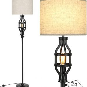 Farmhouse Floor Lamp with Night Light, Black Standing Lamp for Living Room, Vintage 2-Light Tall Lamp with Fabric Drum Shade, Industrial Pole Light with E26 Edison Base for Bedroom Home Decor