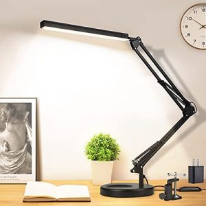 LED Desk Lamp with Clamp and Round Base,Eye Caring Table Lamp with Swing Arm,3 Color Modes 10 Brightness Levels,Memory Function Bedside Lamp,Desk Light for Home Office with USB Adapter Black