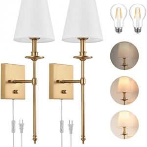 Dimmable Wall Sconces Set of Two, ENCOMLI Plug in Wall Sconces White Fabric Shade, Wall Lamp with 6FT Plug in Cord, Plug in Wall Light Bathroom Vanity Light Fixture, LED Bulbs Included, Antique Brass