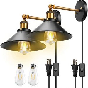 UL Listed JACKYLED Retro Plug in Wall Sconces with LED Bulb Black Hardwire Industrial Vintage Wall Lamp Fixtures for Indoor Bedroom Set of 2