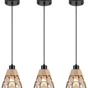 Rattan Pendant Lights Fixture 3 Pack,Small Boho Woven Pendant Light with Black Cone Cage Metal Shade,Adjustable Cord 1-Light Hanging Lighting Fixtures for Kitchen Island,Over Sink,Bar,Dining Room