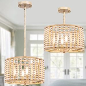 Boho Pendant Light Fixture – Adjustable Height Wood Beaded Ceiling Light, 4-Light Chandelier Nursery Light, Oak Pendant Hanging Lights, Semi Flush Mount Lighting for Dining Hallway Kitchen Bedroom