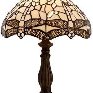 WERFACTORY Tiffany Lamp Cream Stained Glass Dragonfly Bedside Table Lamp Desk Reading Light 12X12X18 Inches Decor Bedroom Living Room Home Office S139 Series