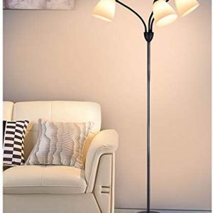 DLLT Modern Reading Floor Lamp, 3-Light with Adjustable Flexible Gooseneck Tree Standing Lamp for Living Room, Bedroom, Study Room, Office -Black Metal White Shades, E26 Base