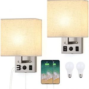 Wall Sconces Wall Lamps for Bedrooms Set of 2 Plug in Bedside Lights Wall Mounted with USB Ports Outlet Brushed Nickel Modern Wall Light Fixtures for Bedroom Living Room (2 Bulbs Included)