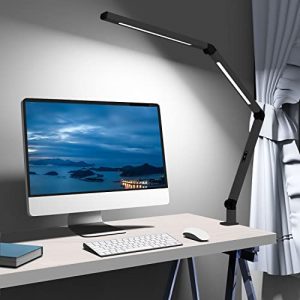 LED Desk Lamp, Swing Arm Adjustable Black Desk Lamp with Clamp, 12W Table Light Eye-Care Modern Dual Light Large Desk Light Workbench Office Light for Monitors