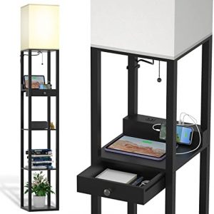 PESRAE Floor Lamp with Shelves by Solid Wood, 5-Tiered Modern Shelf Floor Lamp with Drawer and 2 USB Ports & 1 Outlet, 3 Color Temperature Storage Corner Standing Lamp for Living Room, Bedroom, Black
