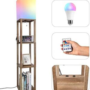 SOLIT Corner Floor Lamp with Shelves – Smart LED RGB Floor Lamp, Bedroom Lamps for Living Room Lamps, Column Standing Light Tall Lamp for Bedroom, Narrow Nightstand with Charging Station Port [Brown]