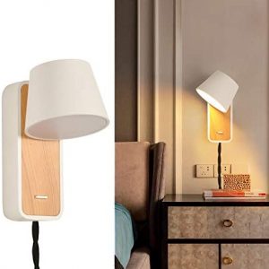 Contemporary White Plug in Wall Lights 2700k LED Wall Lamps Wooden Design Sconces for Living Room Bedroom Hallway Non-Hardwired Mounted Aluminum Fixture for Bedside Reading(Included Light)
