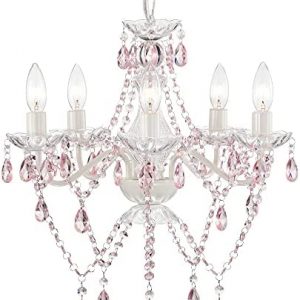 White Chandelier Pink Acrylic Crystal Chandeliers 5 Light Candle Style Chandelier Girls Chandelier for Bedroom