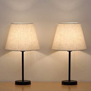 HAITRAL Bedside Table Lamps – Small Nightstand Lamps Set of 2 with Fabric Shade Bedside Desk Lamps for Bedroom, Living Room, Office, Kids Room, Girls Room, Dorm 15 Inches – Black