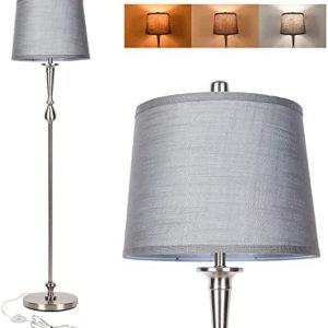 Tall Floor Lamp for Living Room Bedroom, 3 Color Temperature Standing Lamp with Grey Linen Shade, Modern Floor Lamp with 9W LED Bulb, Elegant Nickel Finish Reading Floor Lamps, Foot Switch