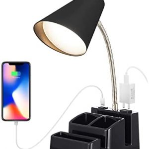 LED Desk Lamp with 1 USB Charging Port and 1 AC Outlet, Organizer Base, Adjustable Neck, On/Off Switch, Modern Table Lamp for Reading, Working, Studying, Gentle Warm White Light, Eye Protect