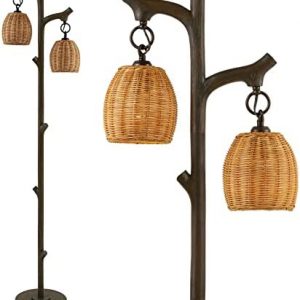 65″ High Farmhouse Rustic Country Cottage Floor Lamp Tree Trunk Faux Wood Column Dark Bronze Wicker Drum Shade Decor for Living Room Bedroom Reading Room