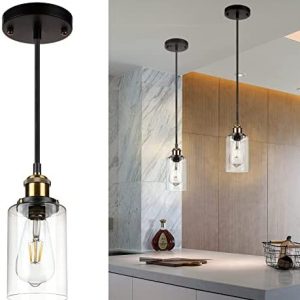 Frideko Glass Pendant Lights Kitchen Island Cylinder Black Pendant Light Fixtures Modern Pendant Lighting for Kitchen Island Hanging Ceiling Light Adjustable Hanging Light with Clear Glass Shade