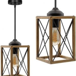 SNOCOD Farmhouse Pendant Light Fixtures, Metal Hanging Light with Wooden Finish, Adjustable Pipes for Flat and Slop Ceiling, Kitchen Island, Bedroom, E26 Base