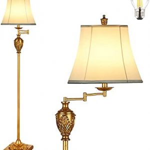 Traditional LED Floor Lamp with 350° Adjustable Swing Arm Lamp – Vintage Pole lamp Swing arm for Living Room, Bedroom and Office – Rustic Upright Floor Light for Home Décor with Faux Silk Fabric Shade