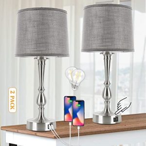 Dott Arts 24.8” Table Lamps for Bedroom Set of 2, Modern Bedside Lamps with Dual USB Charging Ports, 3 Way Dimmable Touch Control Nightstand Lamp Nickel Finish Large Table Lamps for Living Room(Gray)