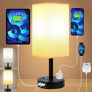 Bedside Table Lamp with USB Port, Nightstand Lamps with USB Ports and Outlets for Bedroom, Black TC Fabric Shade Home Office, Living Room, Dormitory, Bedroom (White)