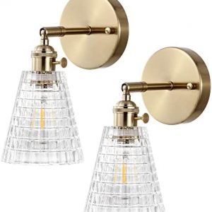 WINGBO Gold Wall Sconce Set of 2, Glass Wall Lamp Lighting Fixtures, Hardwired Bedside Wall Light, Modern Industrial Sconces Indoor Brass Wall Lamps Glass Shade for Bedroom Living Room Bathroom